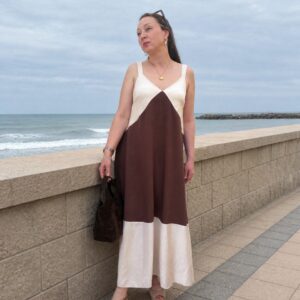 Vestido largo marrón y beige